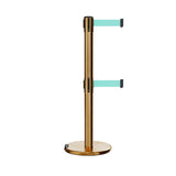Retractable Dual Belt Barrier Stanchion, Rolling Base, Satin Brass Post, 7.5 ft Belt - Montour Line ME630D - Crowd Control Warehouse