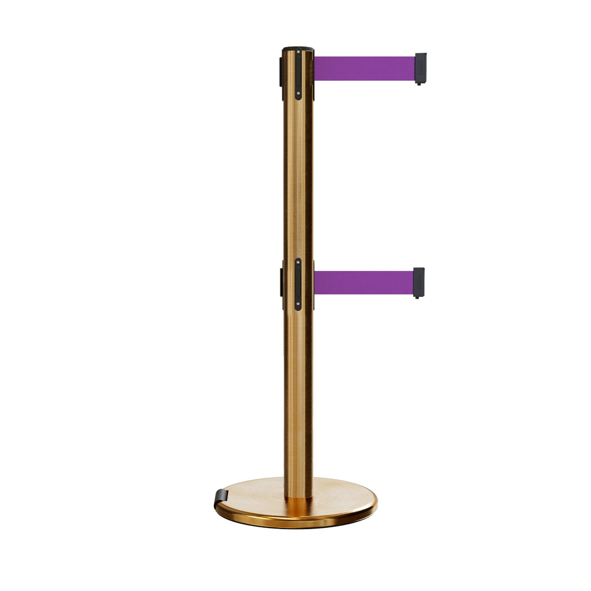 Retractable Dual Belt Barrier Stanchion, Rolling Base, Satin Brass Post, 7.5 ft Belt - Montour Line ME630D - Crowd Control Warehouse