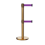 Retractable Dual Belt Barrier Stanchion, Rolling Base, Satin Brass Post, 7.5 ft Belt - Montour Line ME630D - Crowd Control Warehouse