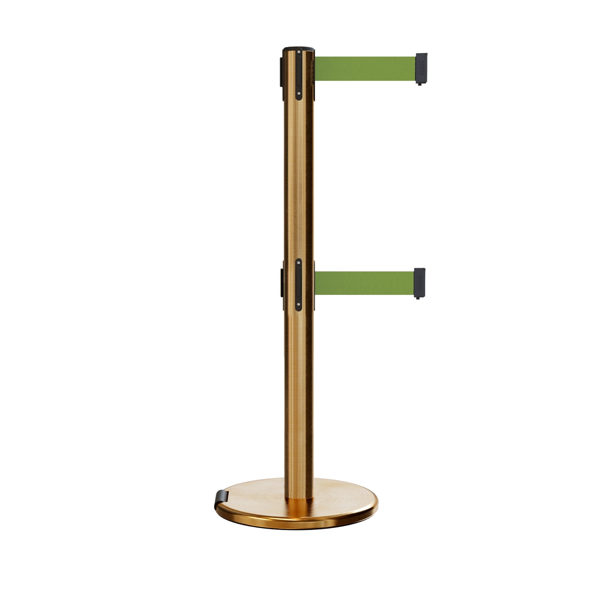 Retractable Dual Belt Barrier Stanchion, Rolling Base, Satin Brass Post, 7.5 ft Belt - Montour Line ME630D - Crowd Control Warehouse