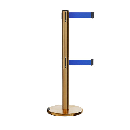 Retractable Dual Belt Barrier Stanchion, Rolling Base, Satin Brass Post, 7.5 ft Belt - Montour Line ME630D - Crowd Control Warehouse