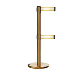 Retractable Dual Belt Barrier Stanchion, Rolling Base, Satin Brass Post, 7.5 ft Belt - Montour Line ME630D - Crowd Control Warehouse