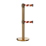 Retractable Dual Belt Barrier Stanchion, Rolling Base, Satin Brass Post, 7.5 ft Belt - Montour Line ME630D - Crowd Control Warehouse