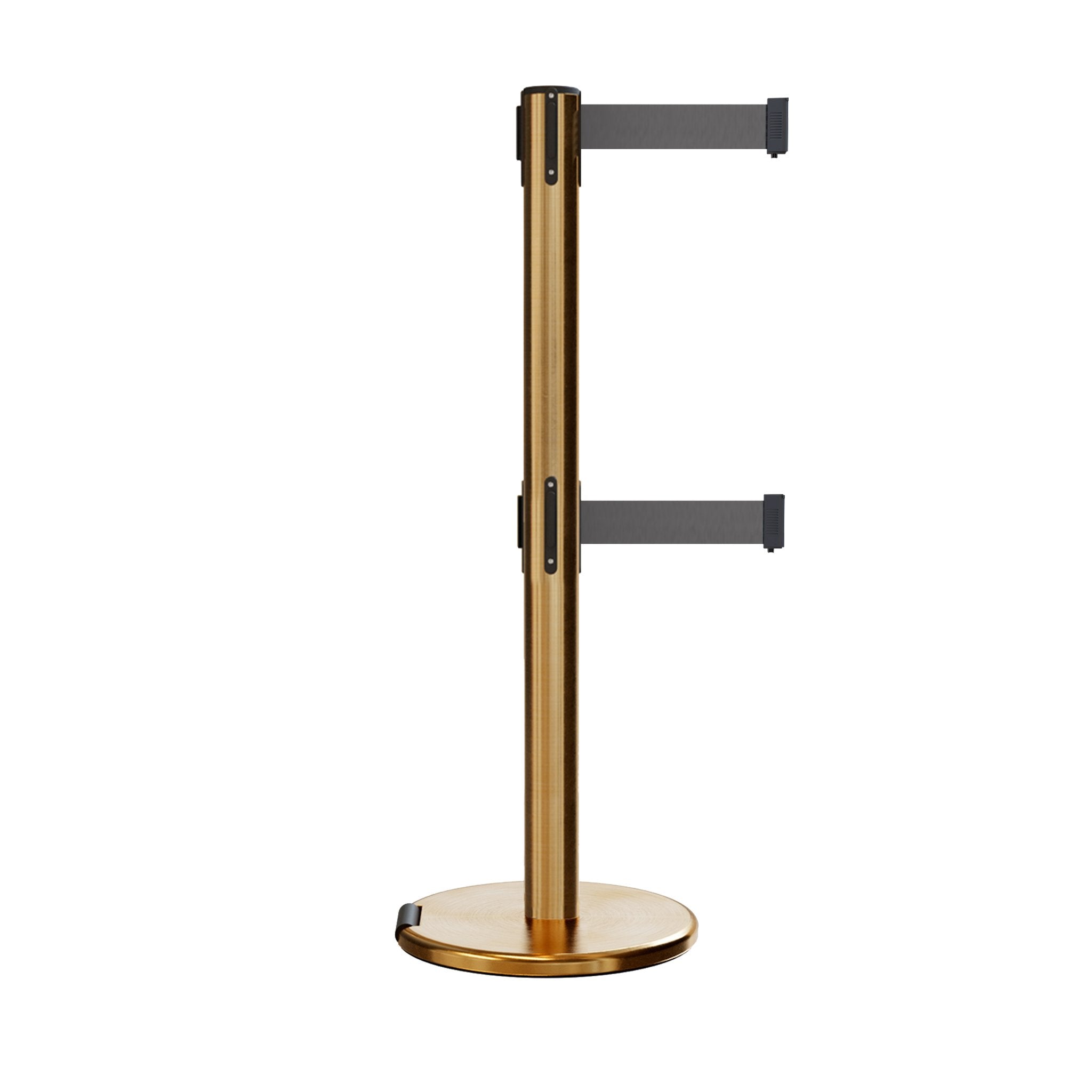 Retractable Dual Belt Barrier Stanchion, Rolling Base, Satin Brass Post, 7.5 ft Belt - Montour Line ME630D - Crowd Control Warehouse