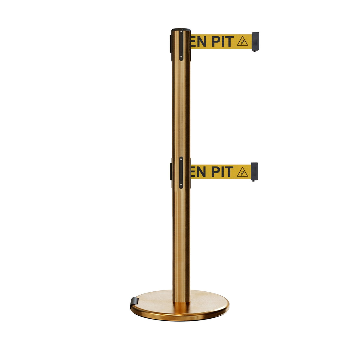 Retractable Dual Belt Barrier Stanchion, Rolling Base, Satin Brass Post, 7.5 ft Belt - Montour Line ME630D - Crowd Control Warehouse