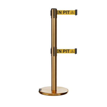 Retractable Dual Belt Barrier Stanchion, Rolling Base, Satin Brass Post, 7.5 ft Belt - Montour Line ME630D - Crowd Control Warehouse