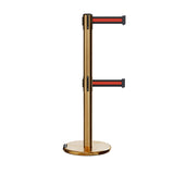 Retractable Dual Belt Barrier Stanchion, Rolling Base, Satin Brass Post, 7.5 ft Belt - Montour Line ME630D - Crowd Control Warehouse