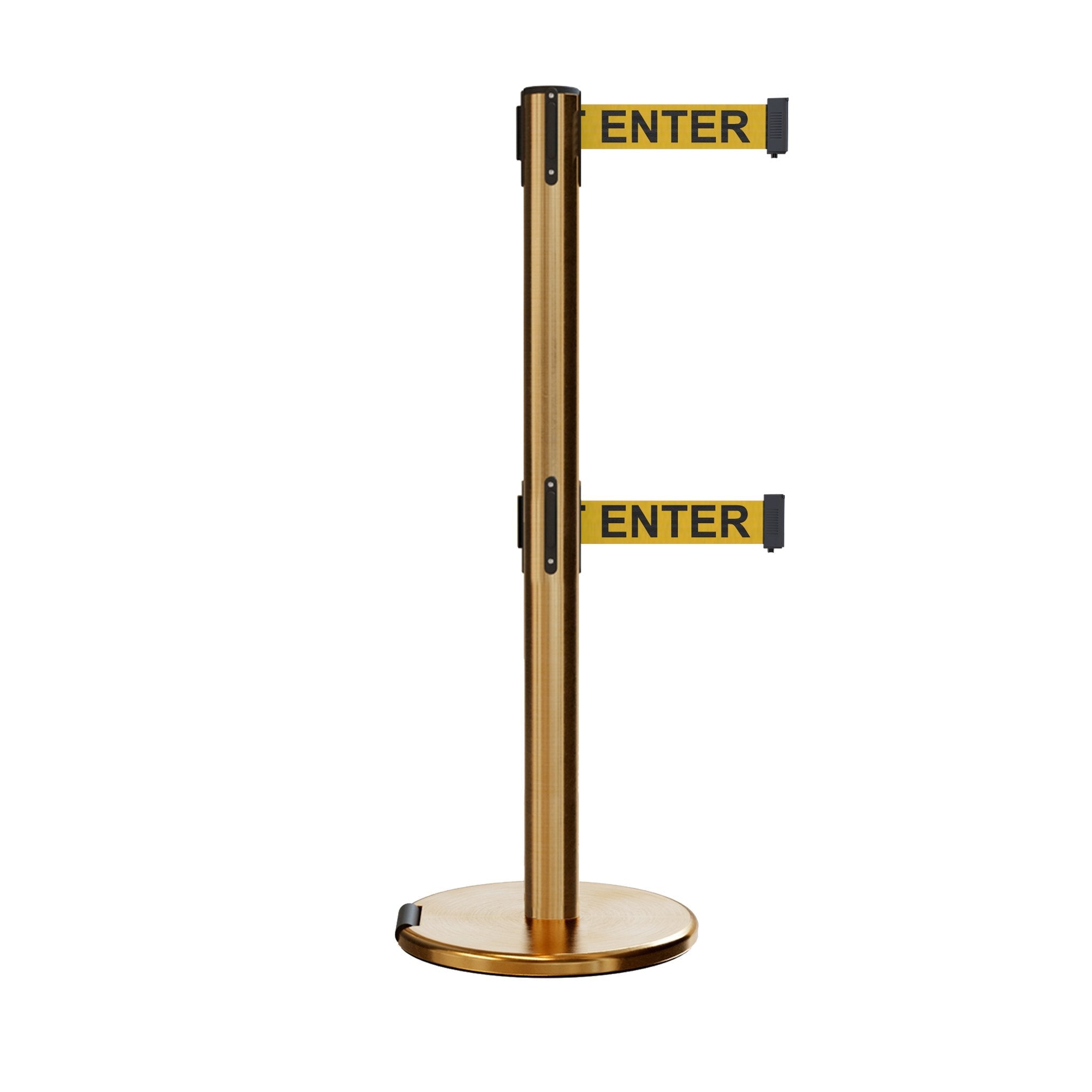 Retractable Dual Belt Barrier Stanchion, Rolling Base, Satin Brass Post, 7.5 ft Belt - Montour Line ME630D - Crowd Control Warehouse