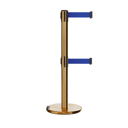 Retractable Dual Belt Barrier Stanchion, Rolling Base, Satin Brass Post, 9 ft Belt - Montour Line ME630D - Crowd Control Warehouse