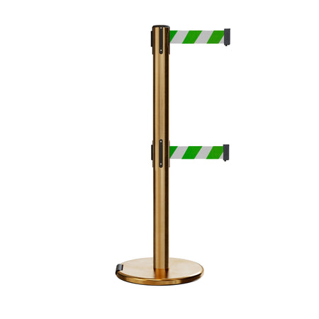 Retractable Dual Belt Barrier Stanchion, Rolling Base, Satin Brass Post, 9 ft Belt - Montour Line ME630D - Crowd Control Warehouse