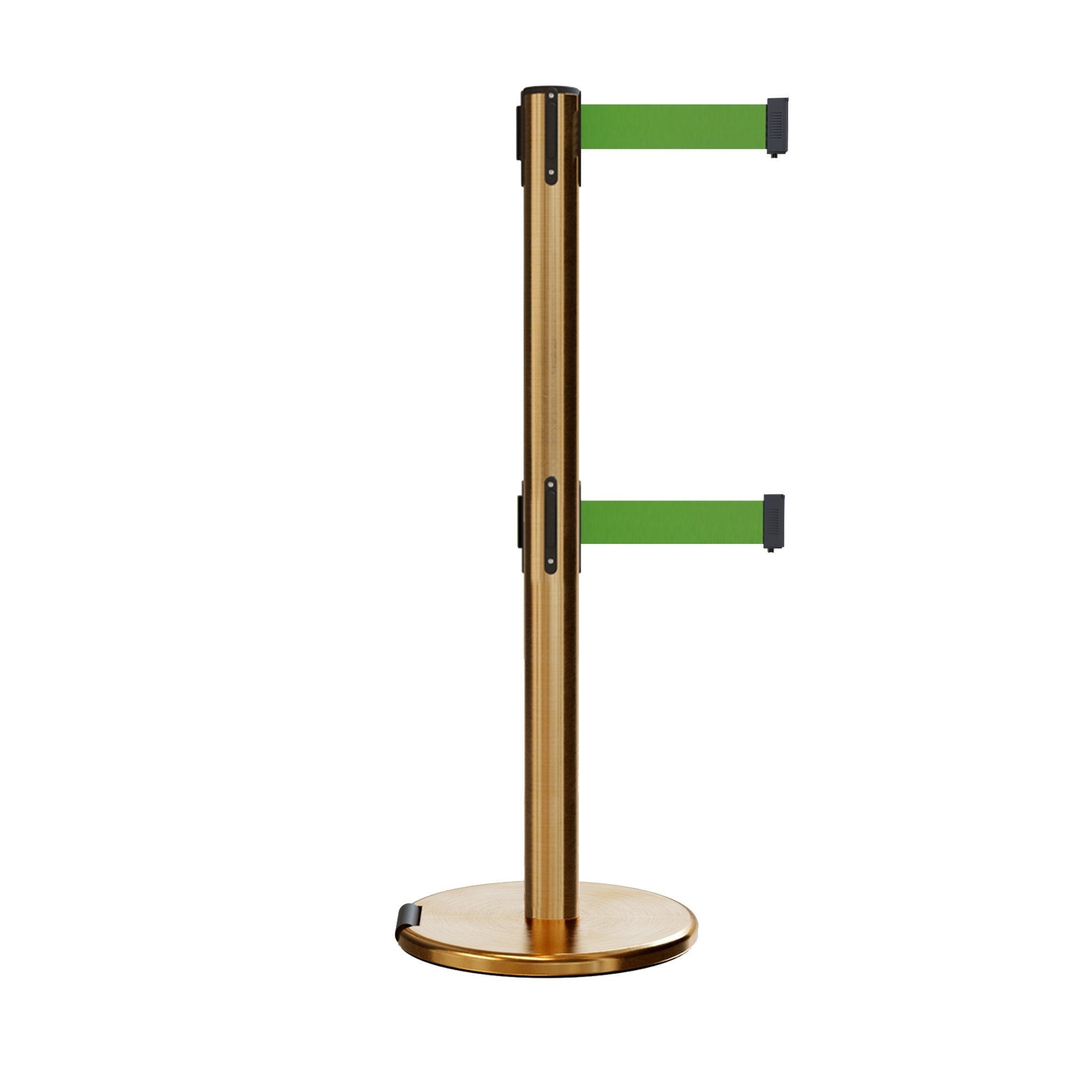 Retractable Dual Belt Barrier Stanchion, Rolling Base, Satin Brass Post, 9 ft Belt - Montour Line ME630D - Crowd Control Warehouse