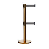 Retractable Dual Belt Barrier Stanchion, Rolling Base, Satin Brass Post, 9 ft Belt - Montour Line ME630D - Crowd Control Warehouse