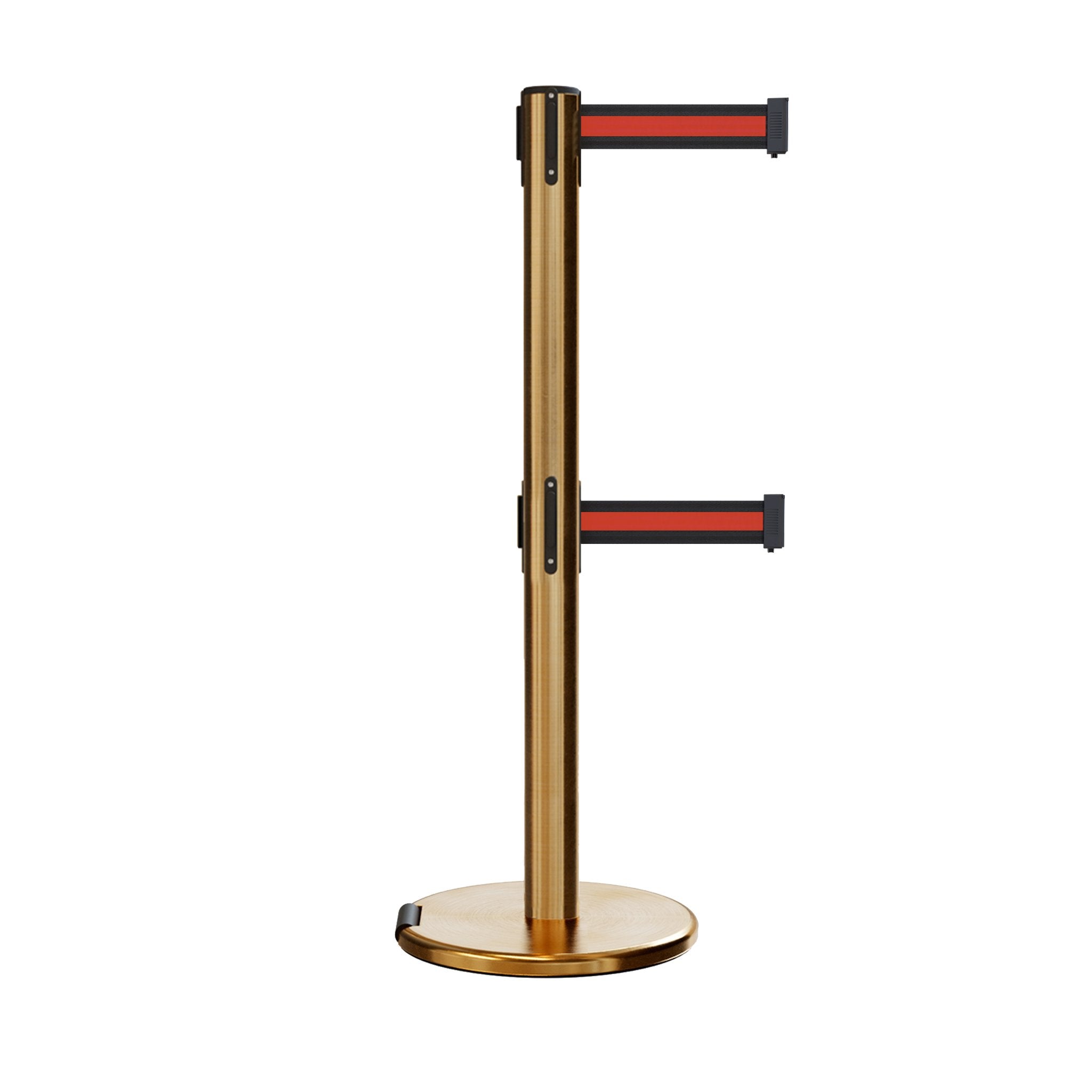 Retractable Dual Belt Barrier Stanchion, Rolling Base, Satin Brass Post, 9 ft Belt - Montour Line ME630D - Crowd Control Warehouse