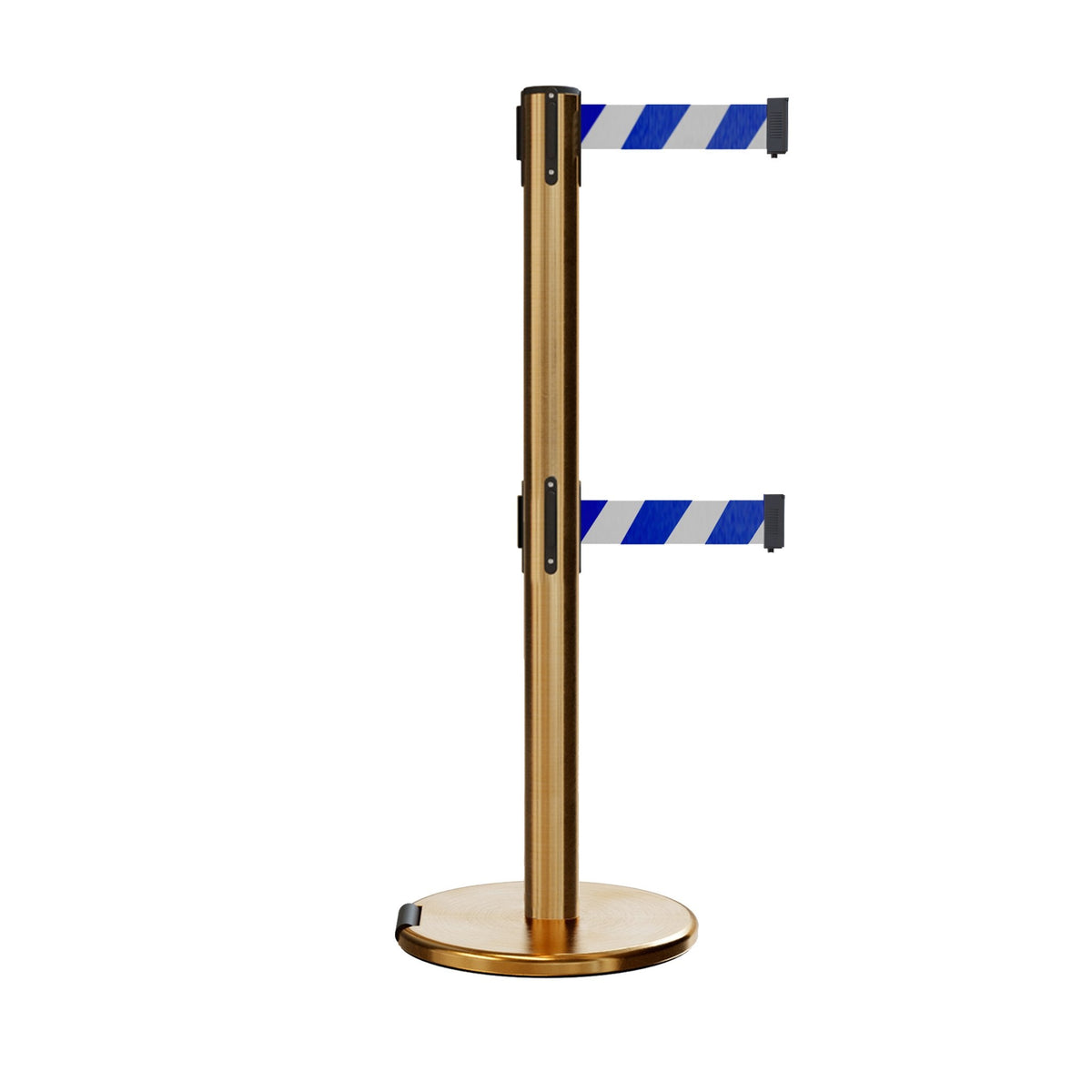 Retractable Dual Belt Barrier Stanchion, Rolling Base, Satin Brass Post, 9 ft Belt - Montour Line ME630D - Crowd Control Warehouse