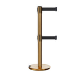 Retractable Dual Belt Barrier Stanchion, Rolling Base, Satin Brass Post, 9 ft Belt - Montour Line ME630D - Crowd Control Warehouse