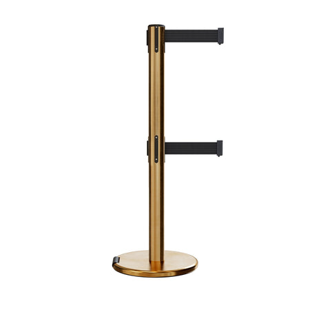 Retractable Dual Belt Barrier Stanchion, Rolling Base, Satin Brass Post, 9 ft Belt - Montour Line ME630D - Crowd Control Warehouse