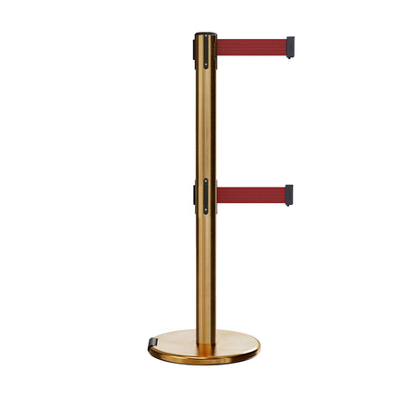 Retractable Dual Belt Barrier Stanchion, Rolling Base, Satin Brass Post, 9 ft Belt - Montour Line ME630D - Crowd Control Warehouse