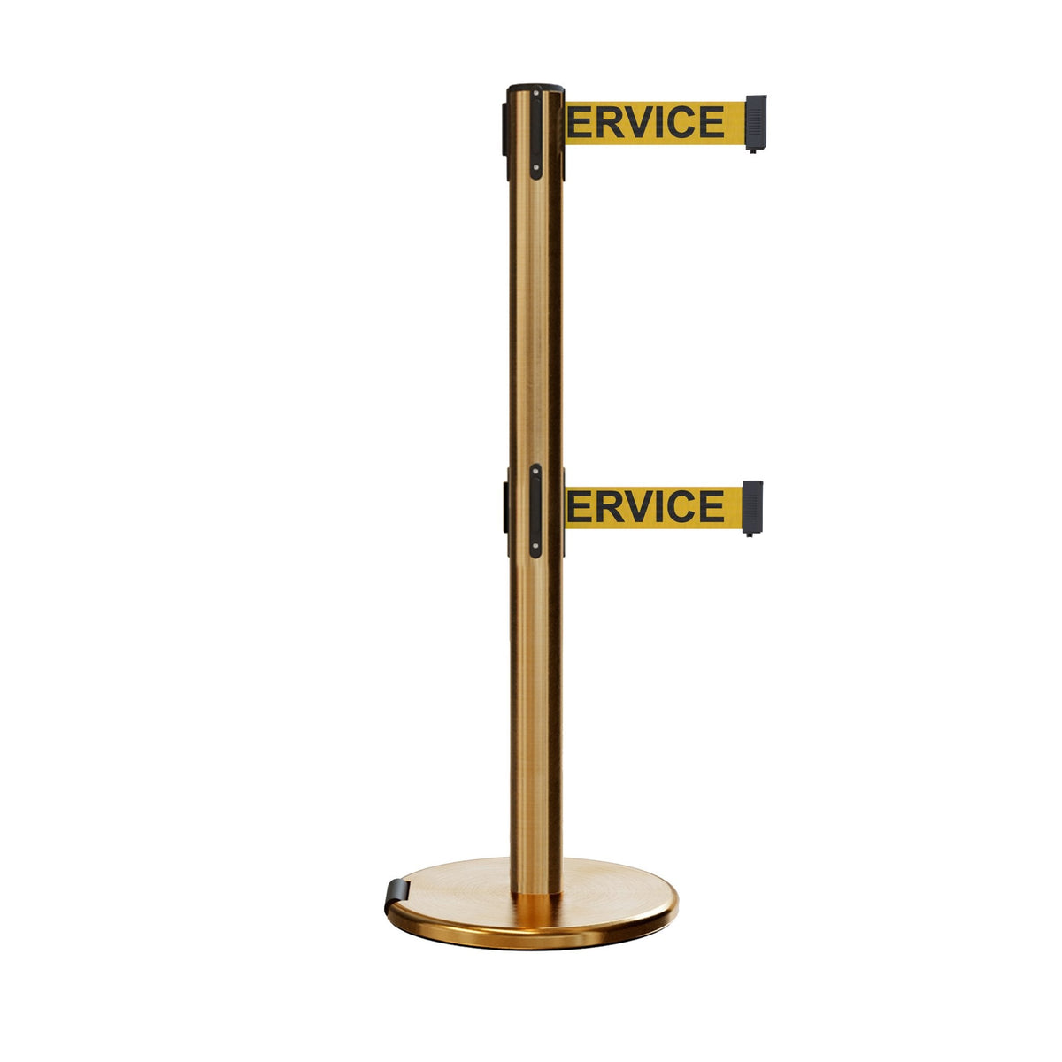 Retractable Dual Belt Barrier Stanchion, Rolling Base, Satin Brass Post, 9 ft Belt - Montour Line ME630D - Crowd Control Warehouse