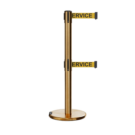 Retractable Dual Belt Barrier Stanchion, Rolling Base, Satin Brass Post, 9 ft Belt - Montour Line ME630D - Crowd Control Warehouse
