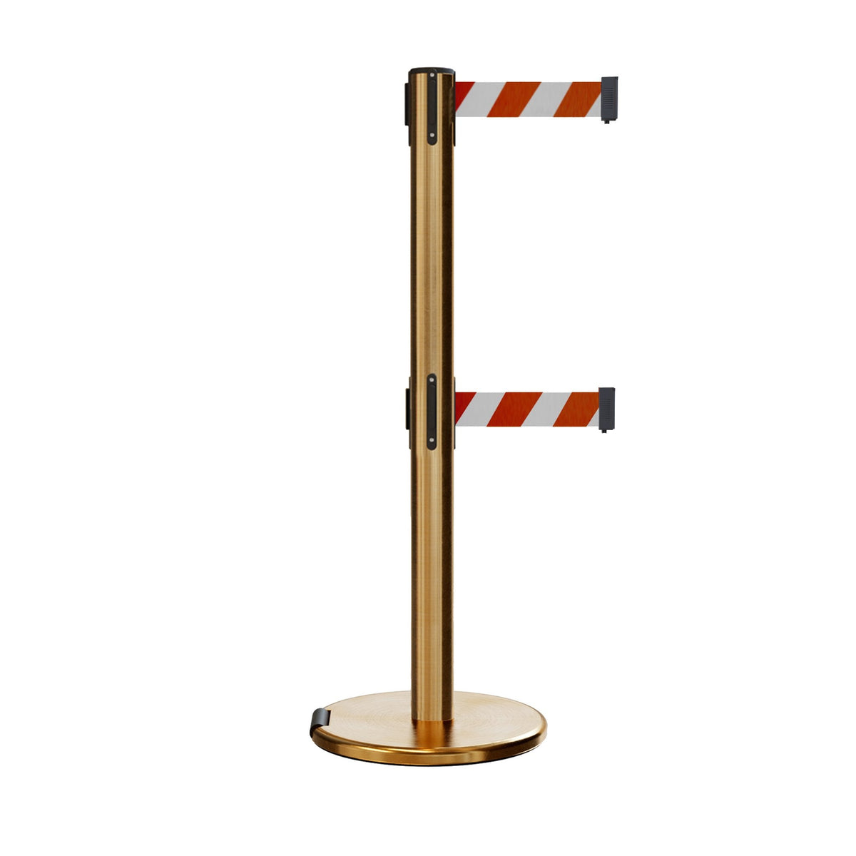 Retractable Dual Belt Barrier Stanchion, Rolling Base, Satin Brass Post, 9 ft Belt - Montour Line ME630D - Crowd Control Warehouse