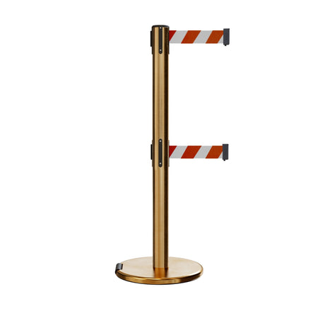 Retractable Dual Belt Barrier Stanchion, Rolling Base, Satin Brass Post, 9 ft Belt - Montour Line ME630D - Crowd Control Warehouse