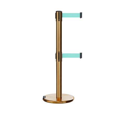 Retractable Dual Belt Barrier Stanchion, Rolling Base, Satin Brass Post, 9 ft Belt - Montour Line ME630D - Crowd Control Warehouse
