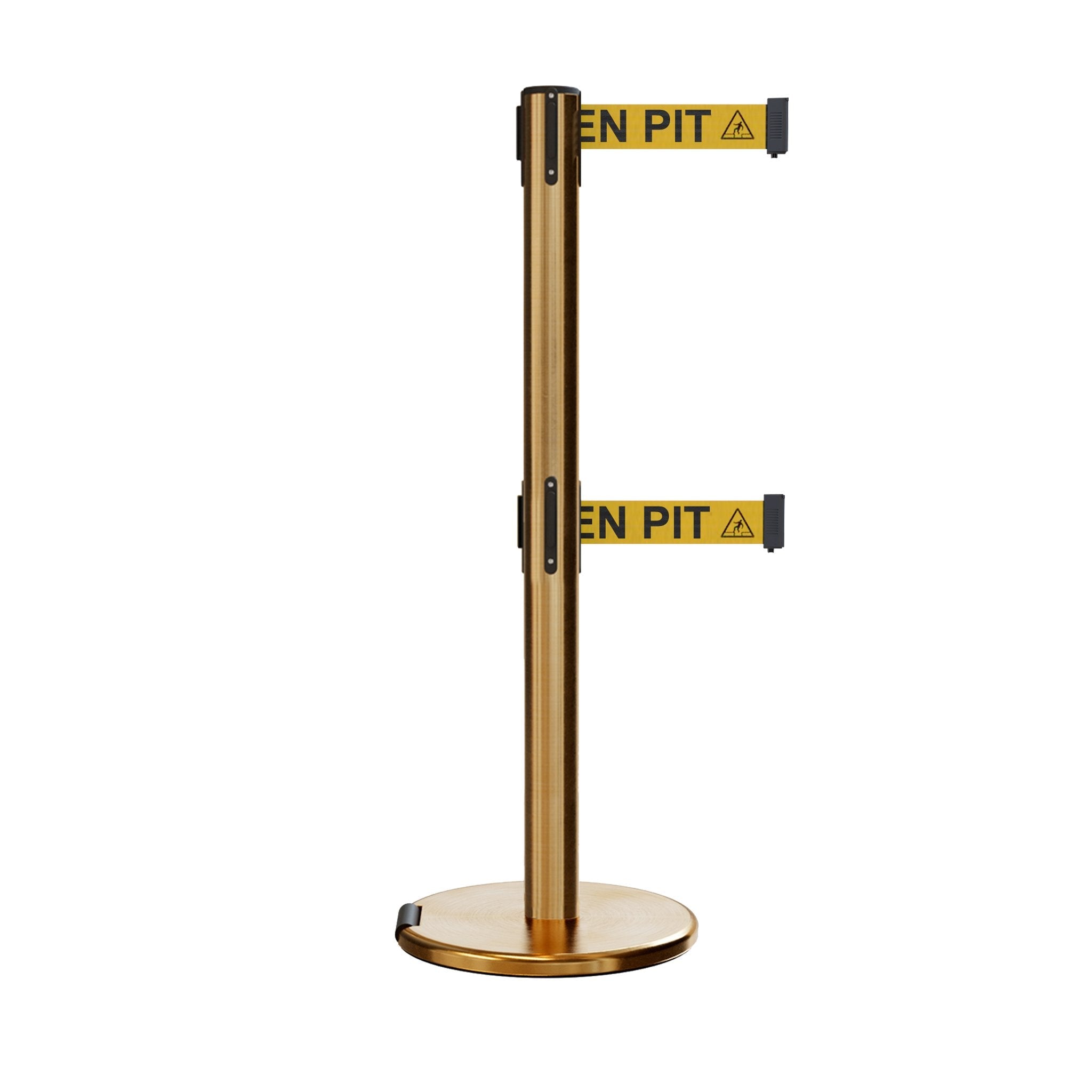 Retractable Dual Belt Barrier Stanchion, Rolling Base, Satin Brass Post, 9 ft Belt - Montour Line ME630D - Crowd Control Warehouse