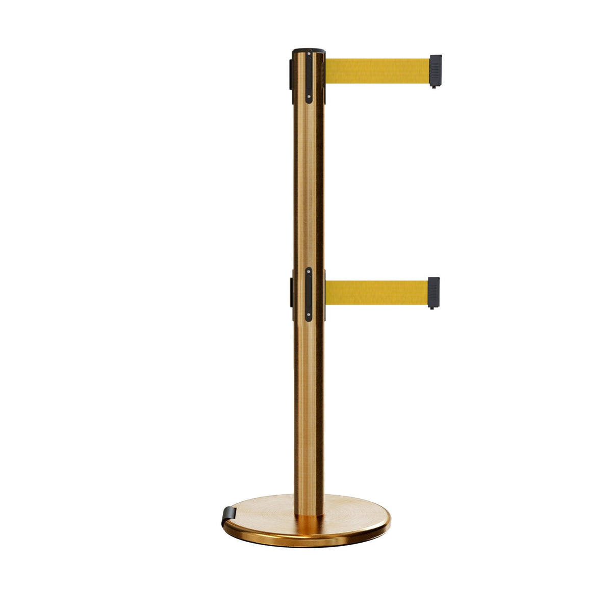 Retractable Dual Belt Barrier Stanchion, Rolling Base, Satin Brass Post, 9 ft Belt - Montour Line ME630D - Crowd Control Warehouse