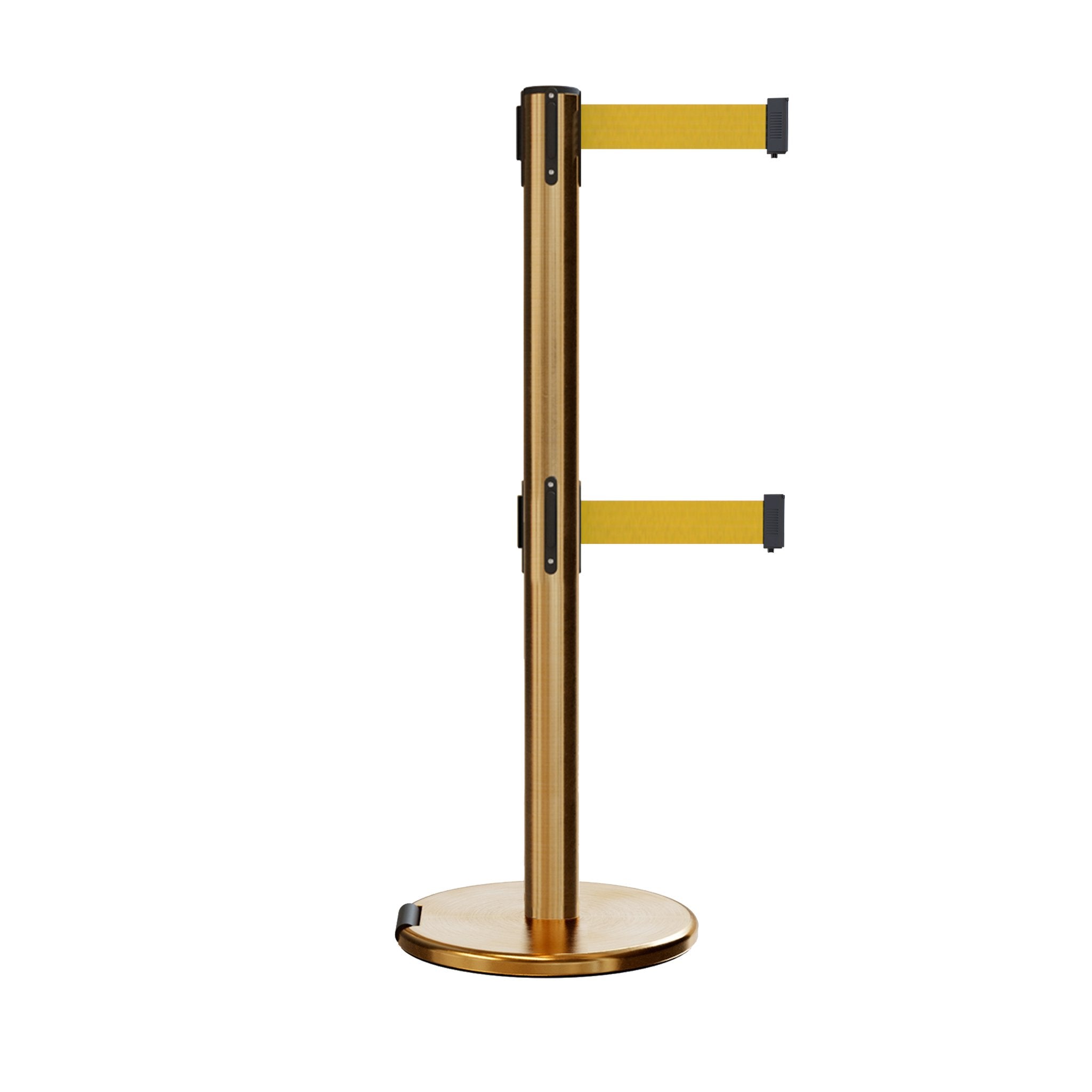Retractable Dual Belt Barrier Stanchion, Rolling Base, Satin Brass Post, 9 ft Belt - Montour Line ME630D - Crowd Control Warehouse