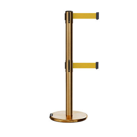 Retractable Dual Belt Barrier Stanchion, Rolling Base, Satin Brass Post, 9 ft Belt - Montour Line ME630D - Crowd Control Warehouse