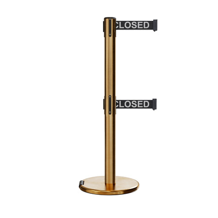 Retractable Dual Belt Barrier Stanchion, Rolling Base, Satin Brass Post, 9 ft Belt - Montour Line ME630D - Crowd Control Warehouse