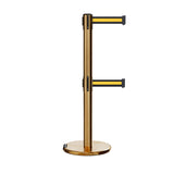 Retractable Dual Belt Barrier Stanchion, Rolling Base, Satin Brass Post, 9 ft Belt - Montour Line ME630D - Crowd Control Warehouse