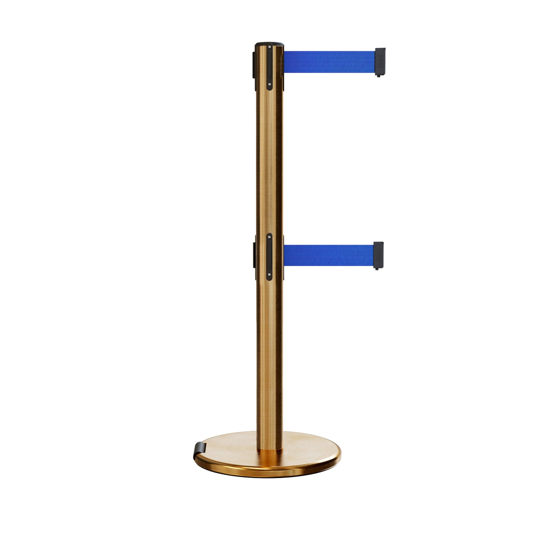 Retractable Dual Belt Barrier Stanchion, Rolling Base, Satin Brass Post, 9 ft Belt - Montour Line ME630D - Crowd Control Warehouse