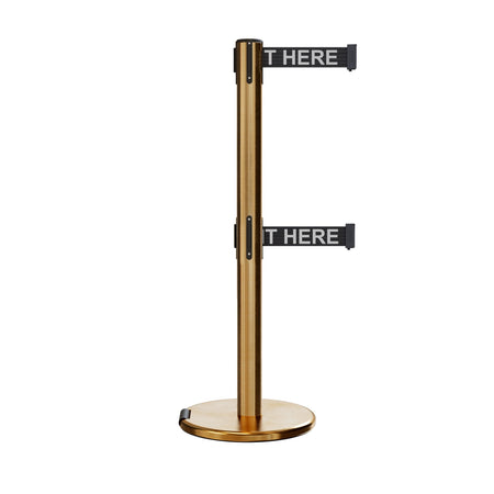 Retractable Dual Belt Barrier Stanchion, Rolling Base, Satin Brass Post, 9 ft Belt - Montour Line ME630D - Crowd Control Warehouse