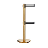 Retractable Dual Belt Barrier Stanchion, Rolling Base, Satin Brass Post, 9 ft Belt - Montour Line ME630D - Crowd Control Warehouse