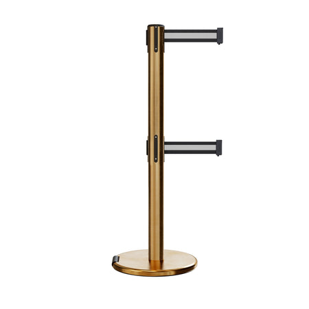 Retractable Dual Belt Barrier Stanchion, Rolling Base, Satin Brass Post, 9 ft Belt - Montour Line ME630D - Crowd Control Warehouse