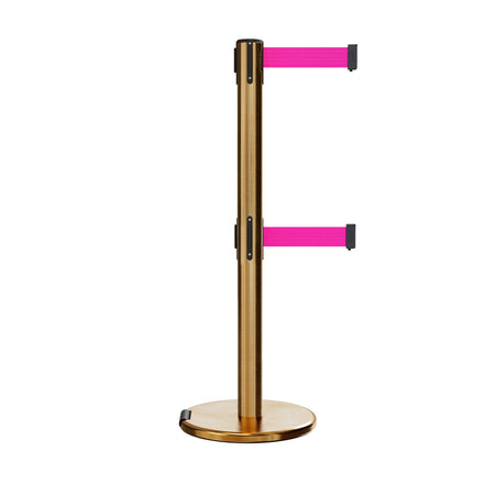 Retractable Dual Belt Barrier Stanchion, Rolling Base, Satin Brass Post, 9 ft Belt - Montour Line ME630D - Crowd Control Warehouse