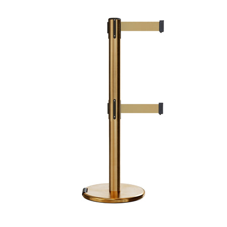 Retractable Dual Belt Barrier Stanchion, Rolling Base, Satin Brass Post, 9 ft Belt - Montour Line ME630D - Crowd Control Warehouse