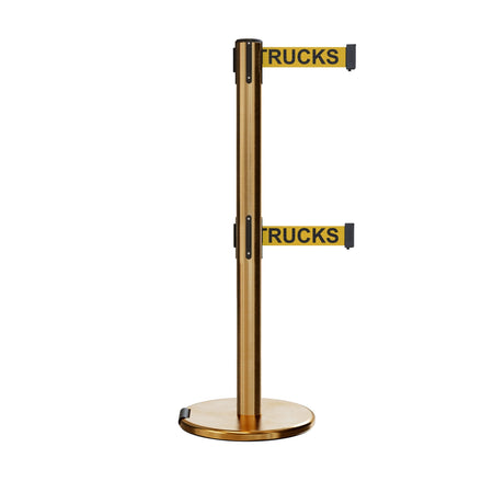 Retractable Dual Belt Barrier Stanchion, Rolling Base, Satin Brass Post, 9 ft Belt - Montour Line ME630D - Crowd Control Warehouse