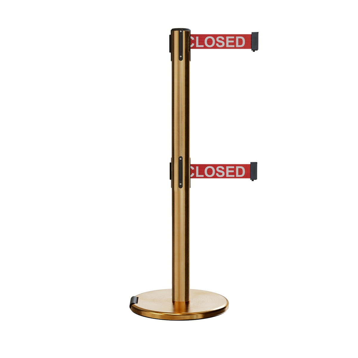 Retractable Dual Belt Barrier Stanchion, Rolling Base, Satin Brass Post, 9 ft Belt - Montour Line ME630D - Crowd Control Warehouse