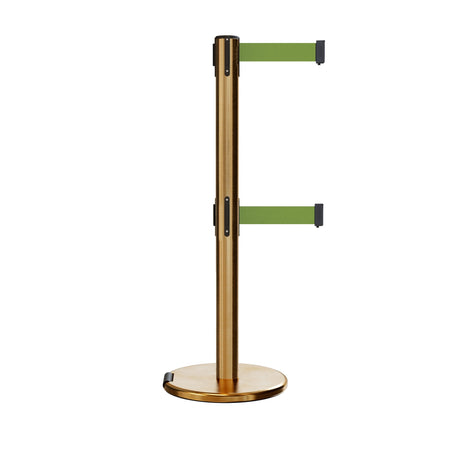 Retractable Dual Belt Barrier Stanchion, Rolling Base, Satin Brass Post, 9 ft Belt - Montour Line ME630D - Crowd Control Warehouse