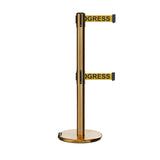 Retractable Dual Belt Barrier Stanchion, Rolling Base, Satin Brass Post, 9 ft Belt - Montour Line ME630D - Crowd Control Warehouse