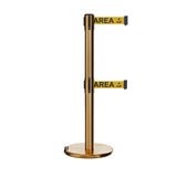 Retractable Dual Belt Barrier Stanchion, Rolling Base, Satin Brass Post, 9 ft Belt - Montour Line ME630D - Crowd Control Warehouse