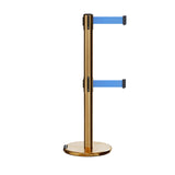 Retractable Dual Belt Barrier Stanchion, Rolling Base, Satin Brass Post, 9 ft Belt - Montour Line ME630D - Crowd Control Warehouse