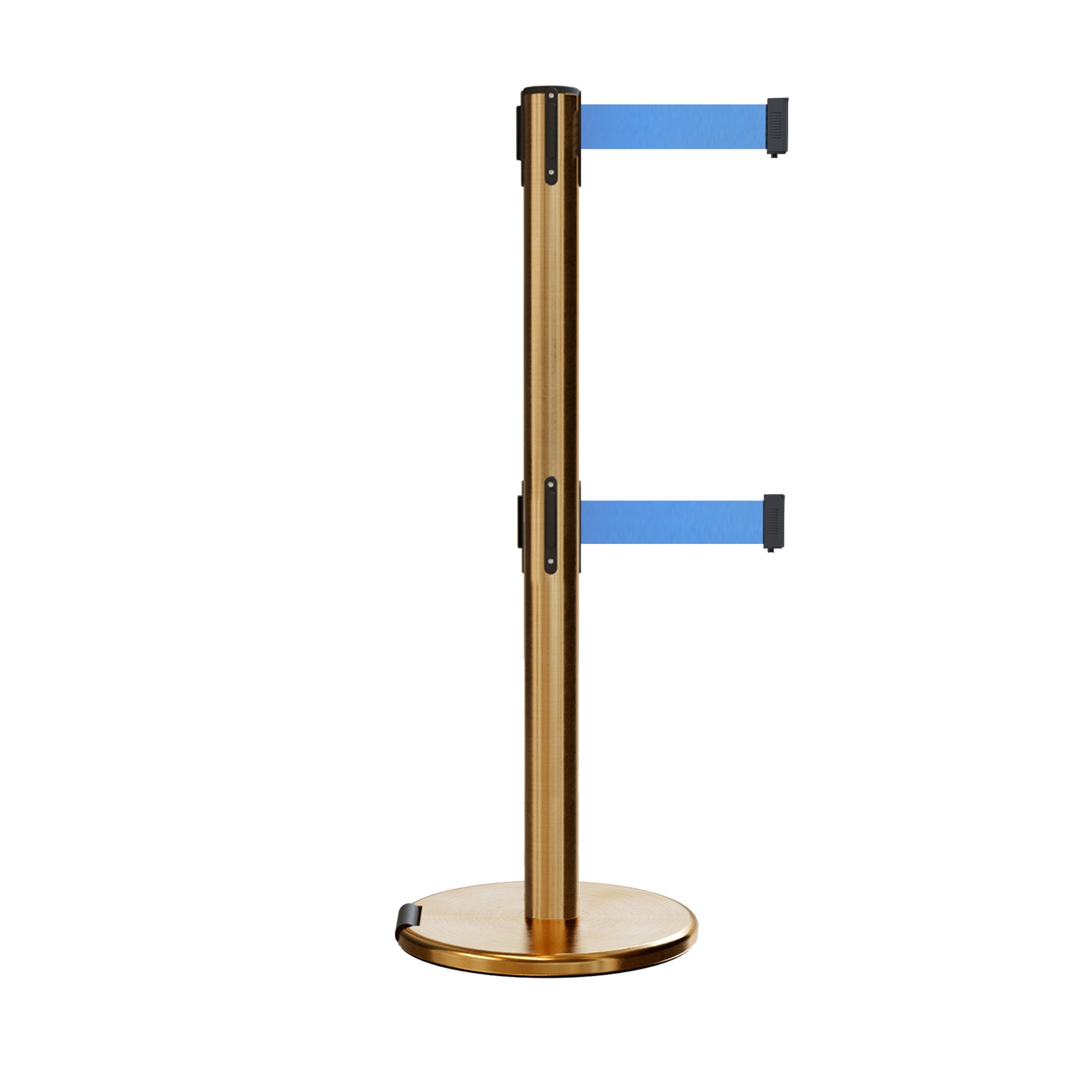 Retractable Dual Belt Barrier Stanchion, Rolling Base, Satin Brass Post, 9 ft Belt - Montour Line ME630D - Crowd Control Warehouse