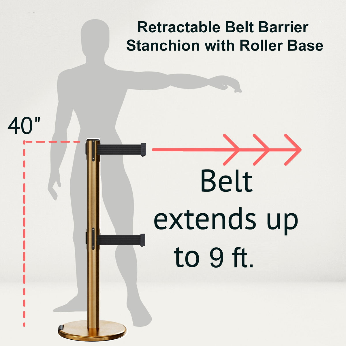 Retractable Dual Belt Barrier Stanchion, Rolling Base, Satin Brass Post, 9 ft Belt - Montour Line ME630D - Crowd Control Warehouse