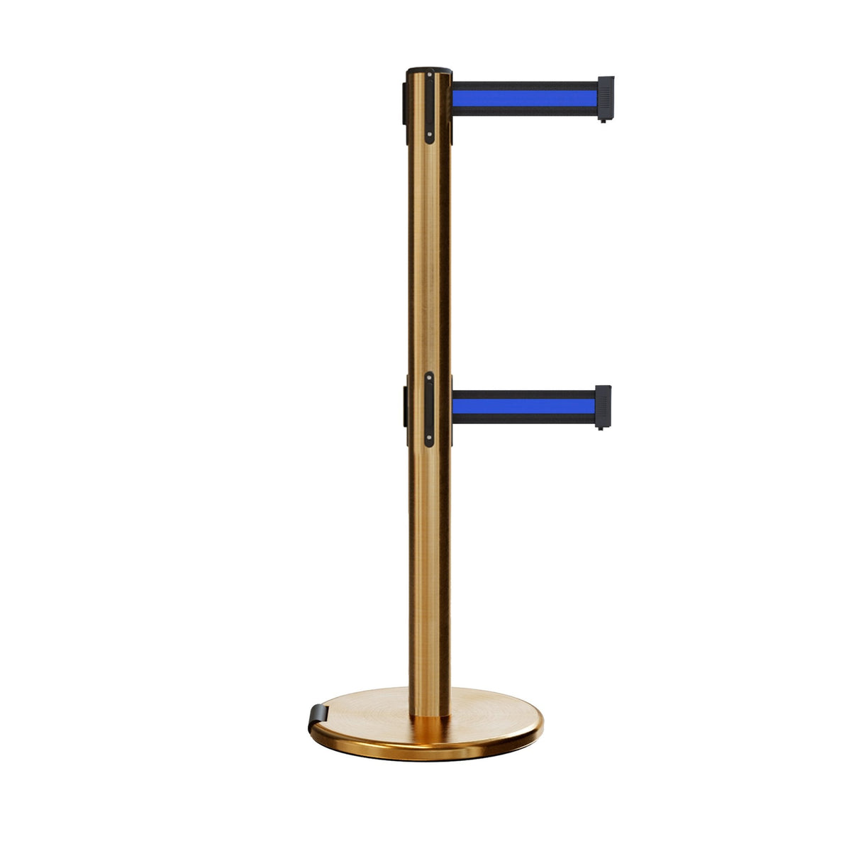 Retractable Dual Belt Barrier Stanchion, Rolling Base, Satin Brass Post, 9 ft Belt - Montour Line ME630D - Crowd Control Warehouse