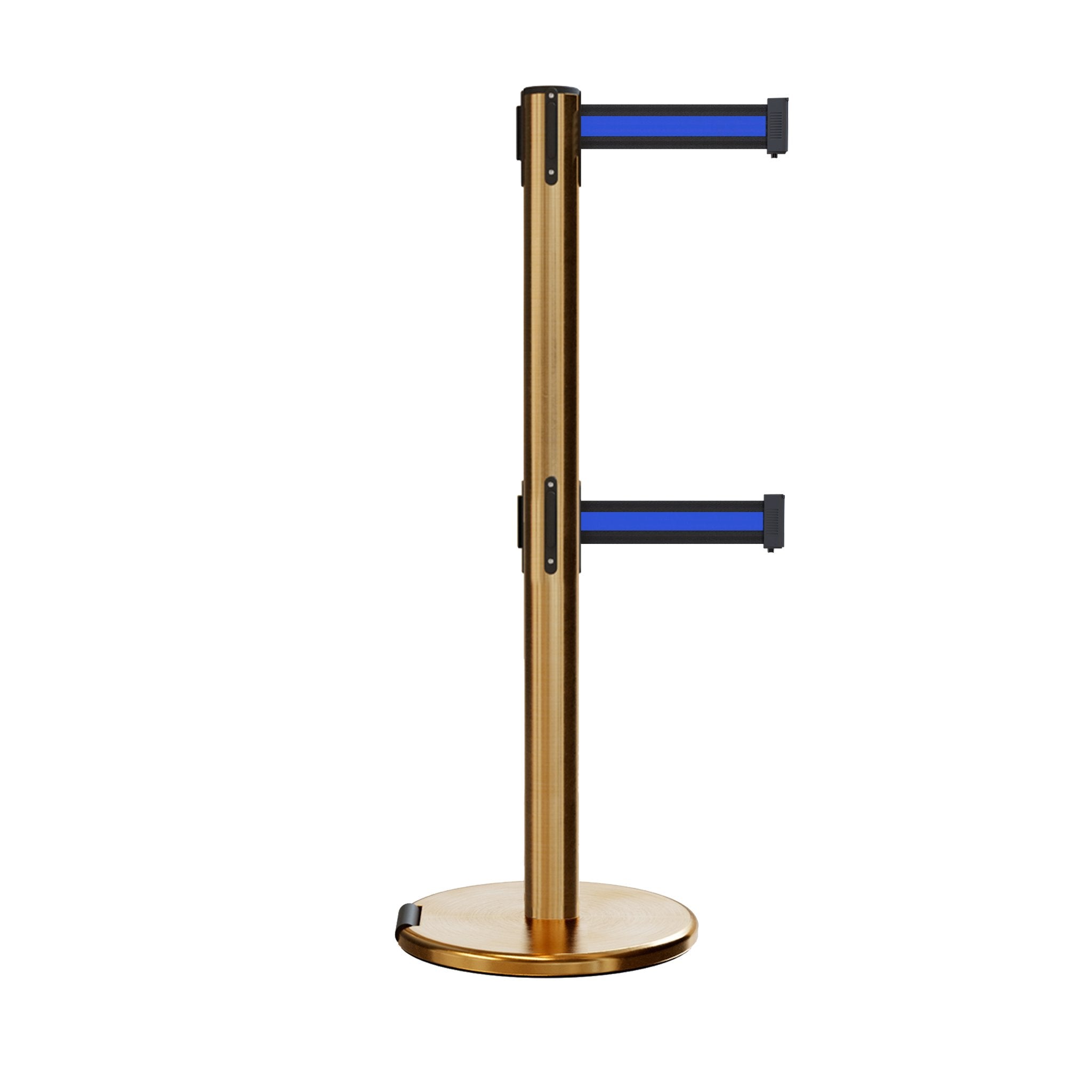Retractable Dual Belt Barrier Stanchion, Rolling Base, Satin Brass Post, 9 ft Belt - Montour Line ME630D - Crowd Control Warehouse