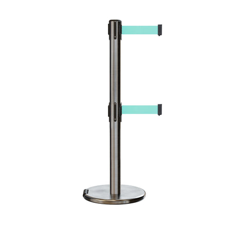 Retractable Dual Belt Barrier Stanchion, Rolling Base, Satin Stainless Steel Post, 11 ft Belt - Montour Line ME630D - Crowd Control Warehouse