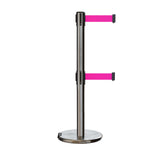 Retractable Dual Belt Barrier Stanchion, Rolling Base, Satin Stainless Steel Post, 11 ft Belt - Montour Line ME630D - Crowd Control Warehouse